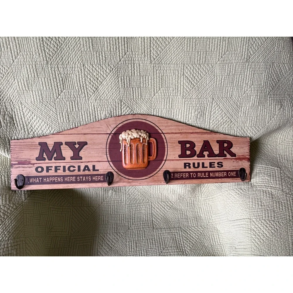 My Bar Official Rules Rustic Wood Wall Sign Beer Mug 4 Hooks 24